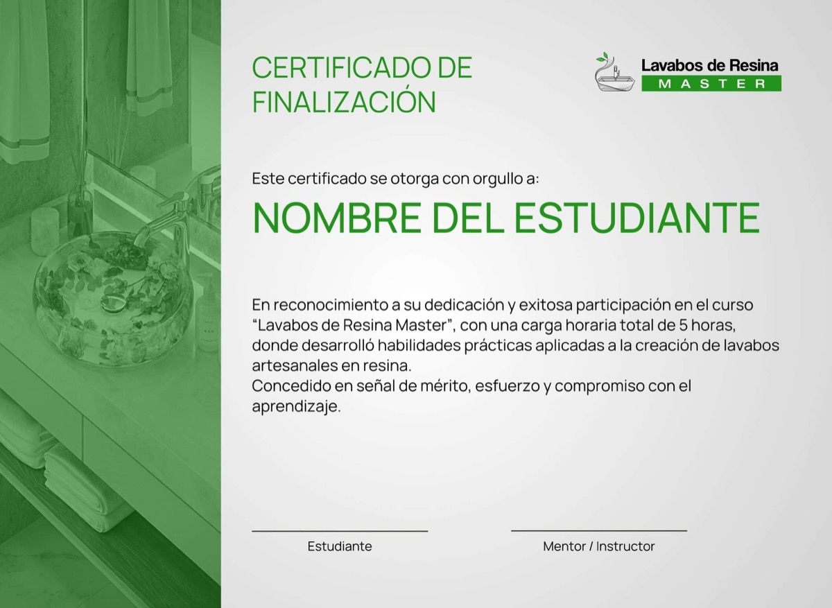 Certificado de finalización del curso Lavabos de Resina Master